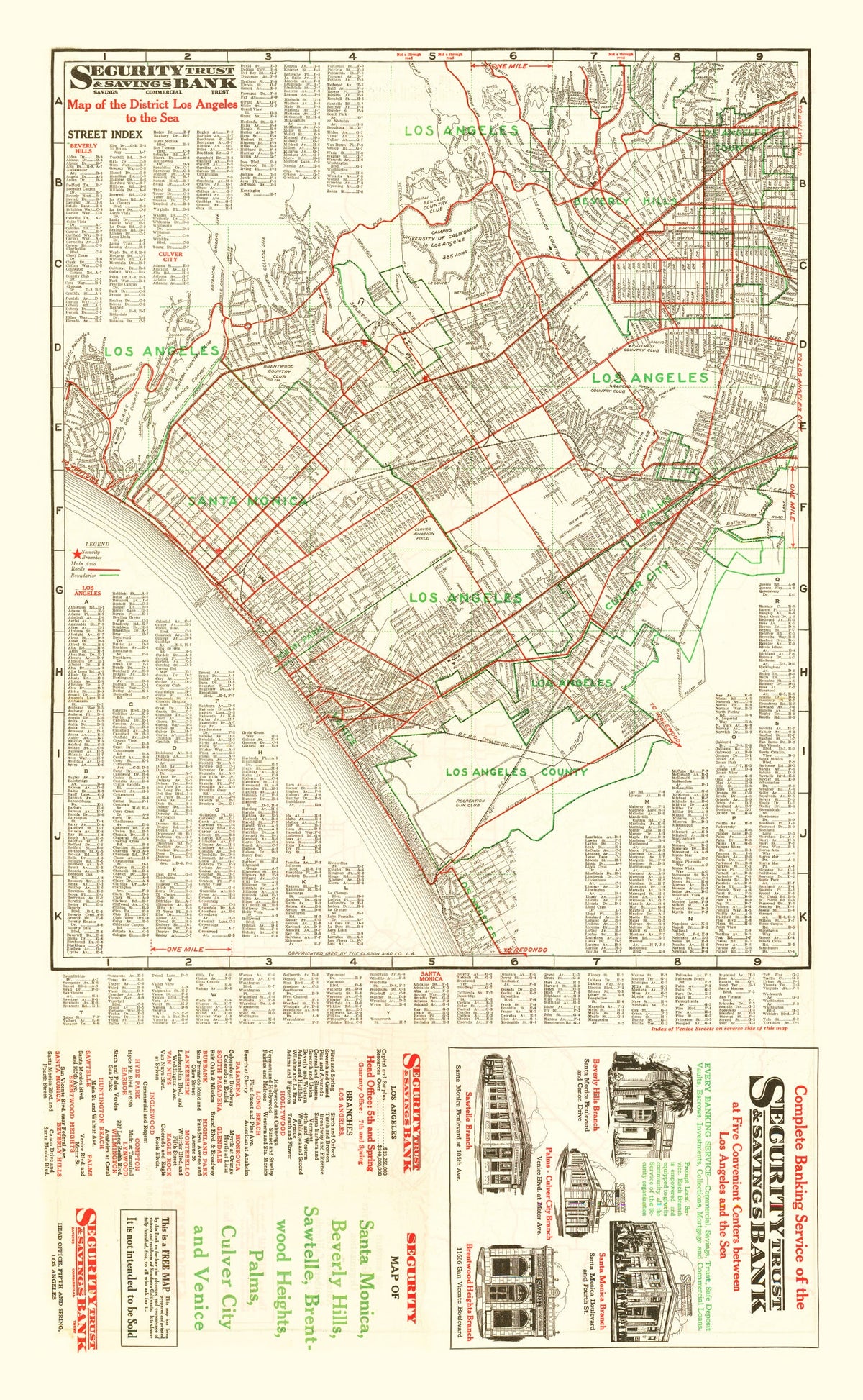 Vintage Map of Los Angeles, California 1926