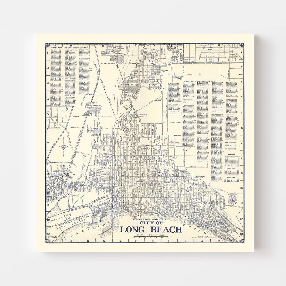 Carte ancienne du quartier des affaires de Long Beach, Californie, 1938