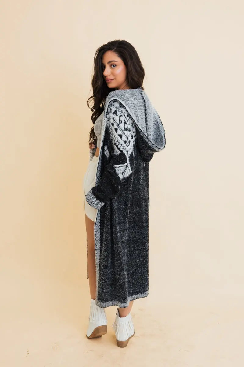 Hooded Fair Isle Longline Knit Cardigan