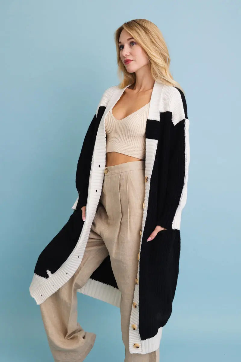 Oversized Color-Block Button-Up Knit Cardigan