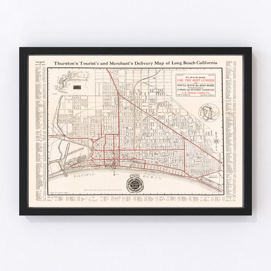 Carte ancienne de Long Beach, Californie, 1913