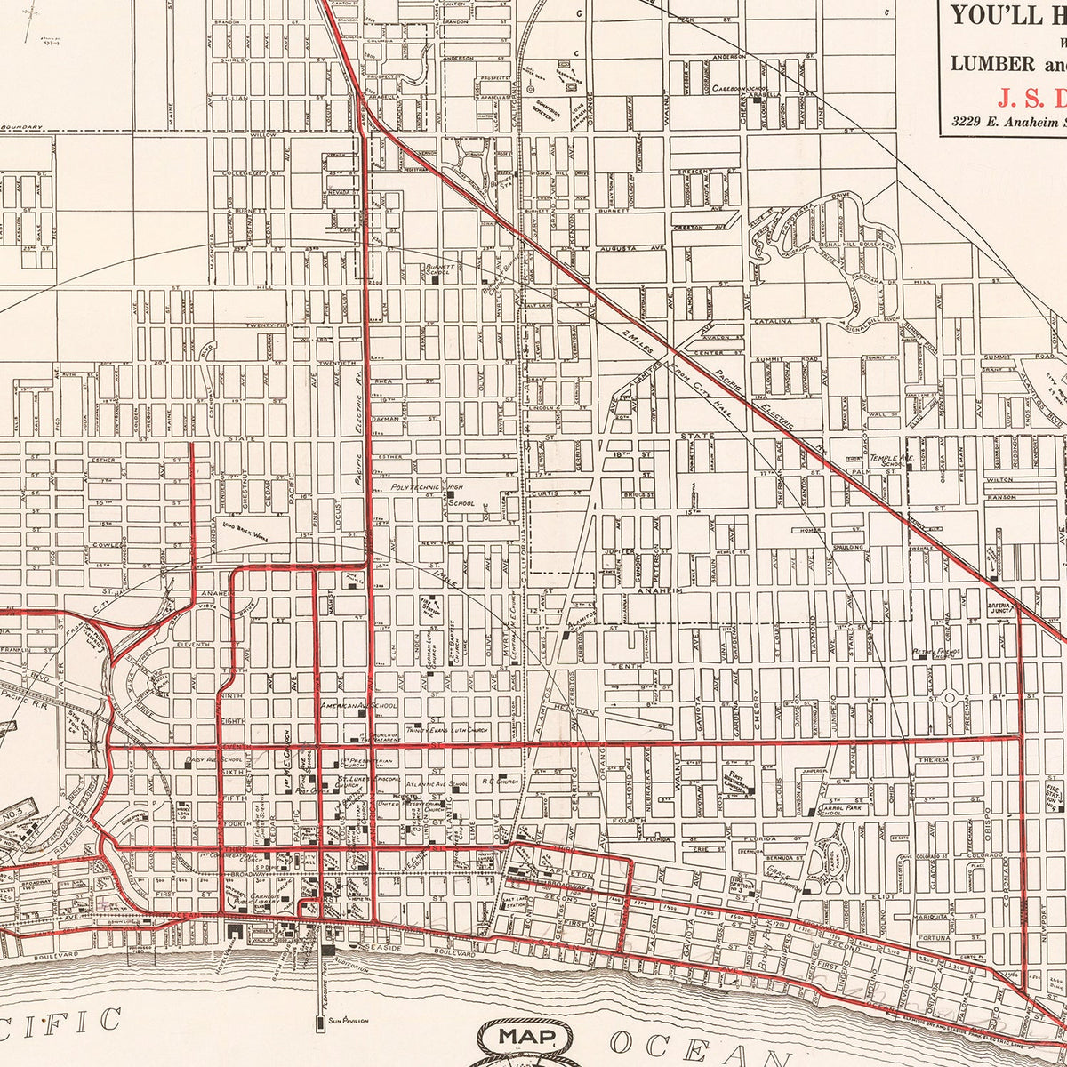 Carte ancienne de Long Beach, Californie, 1913