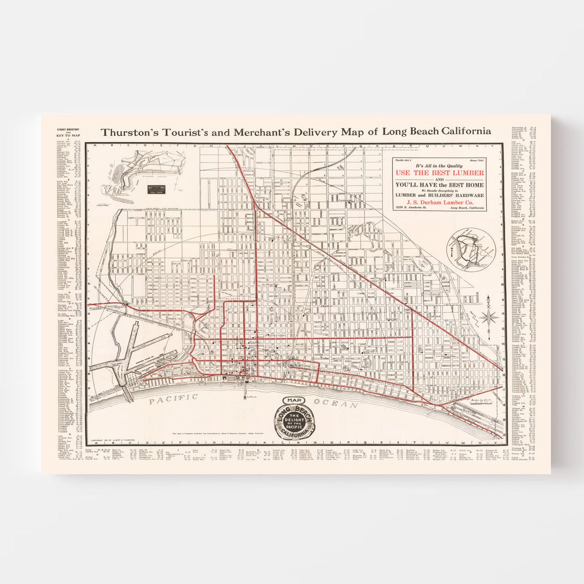 Carte ancienne de Long Beach, Californie, 1913