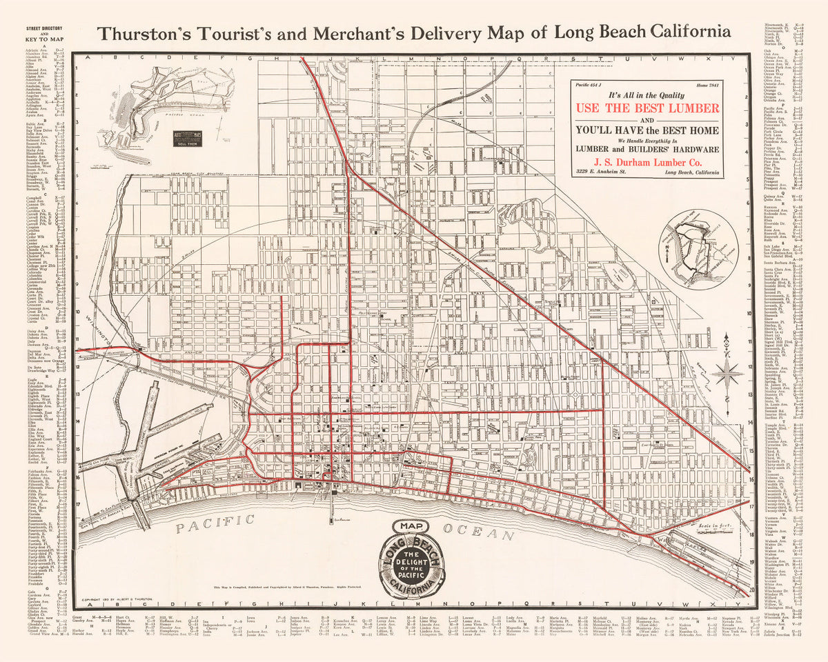 Carte ancienne de Long Beach, Californie, 1913