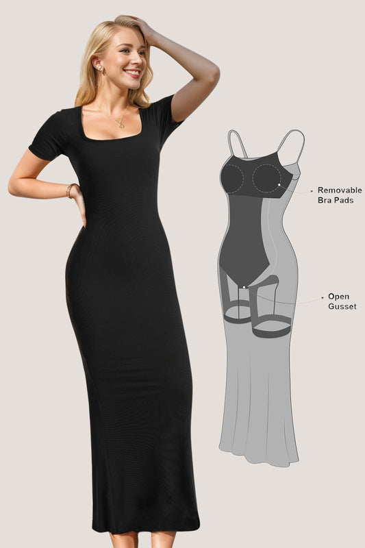 Robe longue à manches courtes et col carré Basic Bae avec gaine intégrée