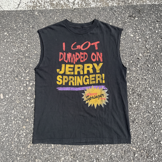 T-shirt vintage années 90 « I Got Dumped On Jerry Springer » noir délavé à manches coupées