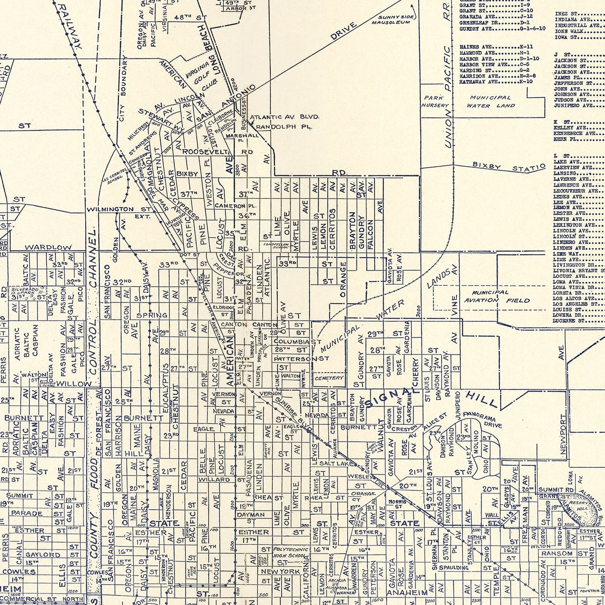 Carte ancienne du quartier des affaires de Long Beach, Californie, 1938