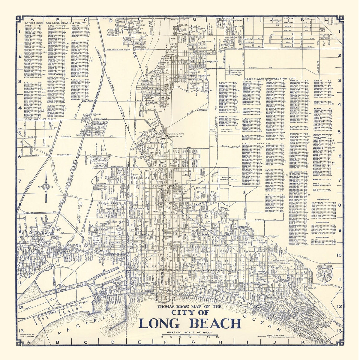 Carte ancienne du quartier des affaires de Long Beach, Californie, 1938