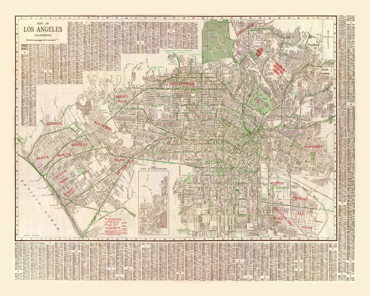 Carte ancienne de Los Angeles, Californie 1928