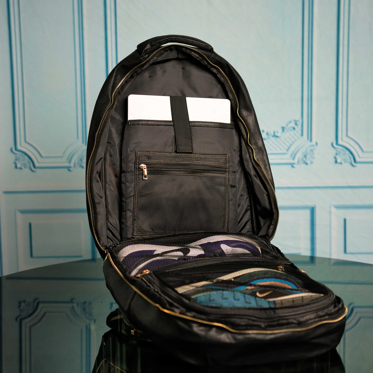 Black Leather XL Commuter Backpack with Shoe Storage