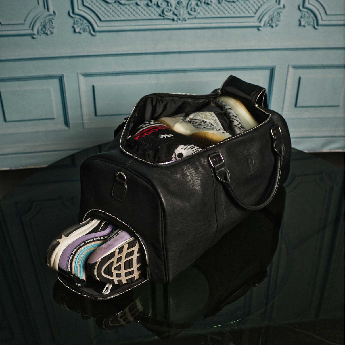 Black Leather Duffel Bag with Dual Shoe Compartments