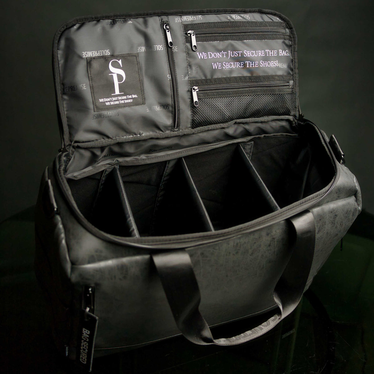 Black Leather Sneaker Duffel Bag with Removable Dividers
