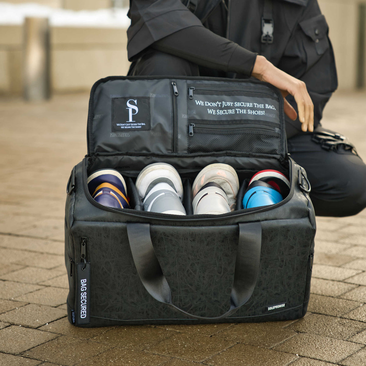 Black Leather Sneaker Duffel Bag with Removable Dividers