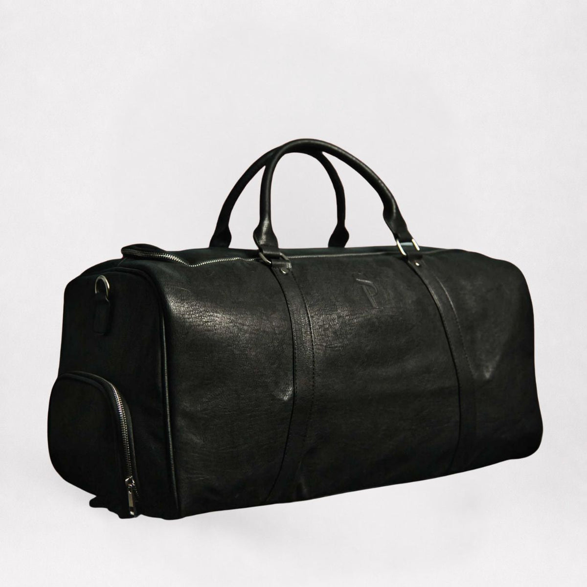 Black Leather Duffel Bag with Dual Shoe Compartments