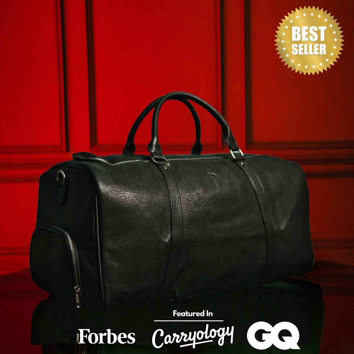 Black Leather Duffel Bag with Dual Shoe Compartments