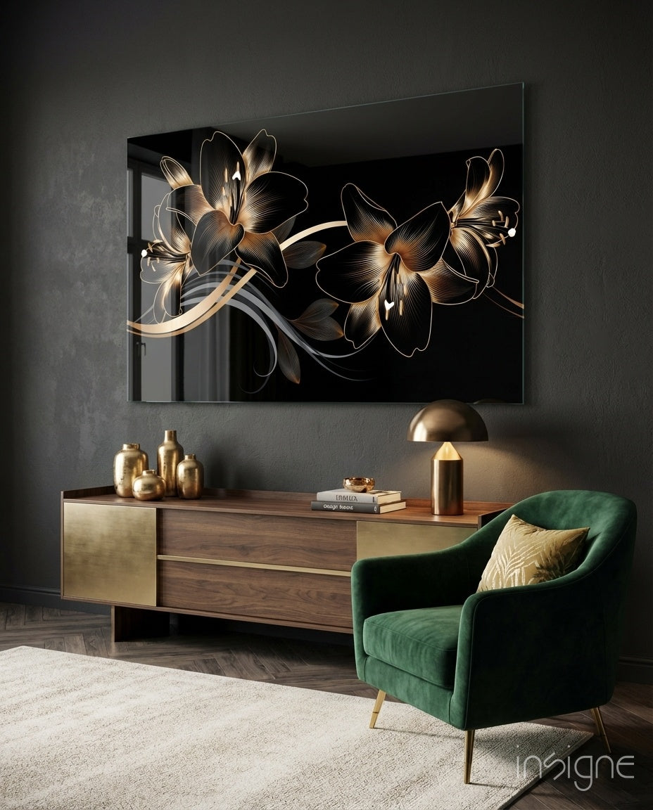 Art mural en verre Élégance Lys noir doré