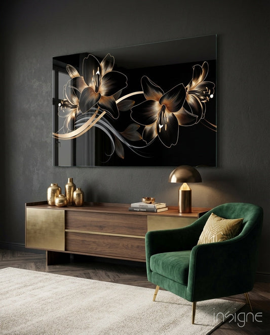 Art mural en verre Élégance Lys noir doré