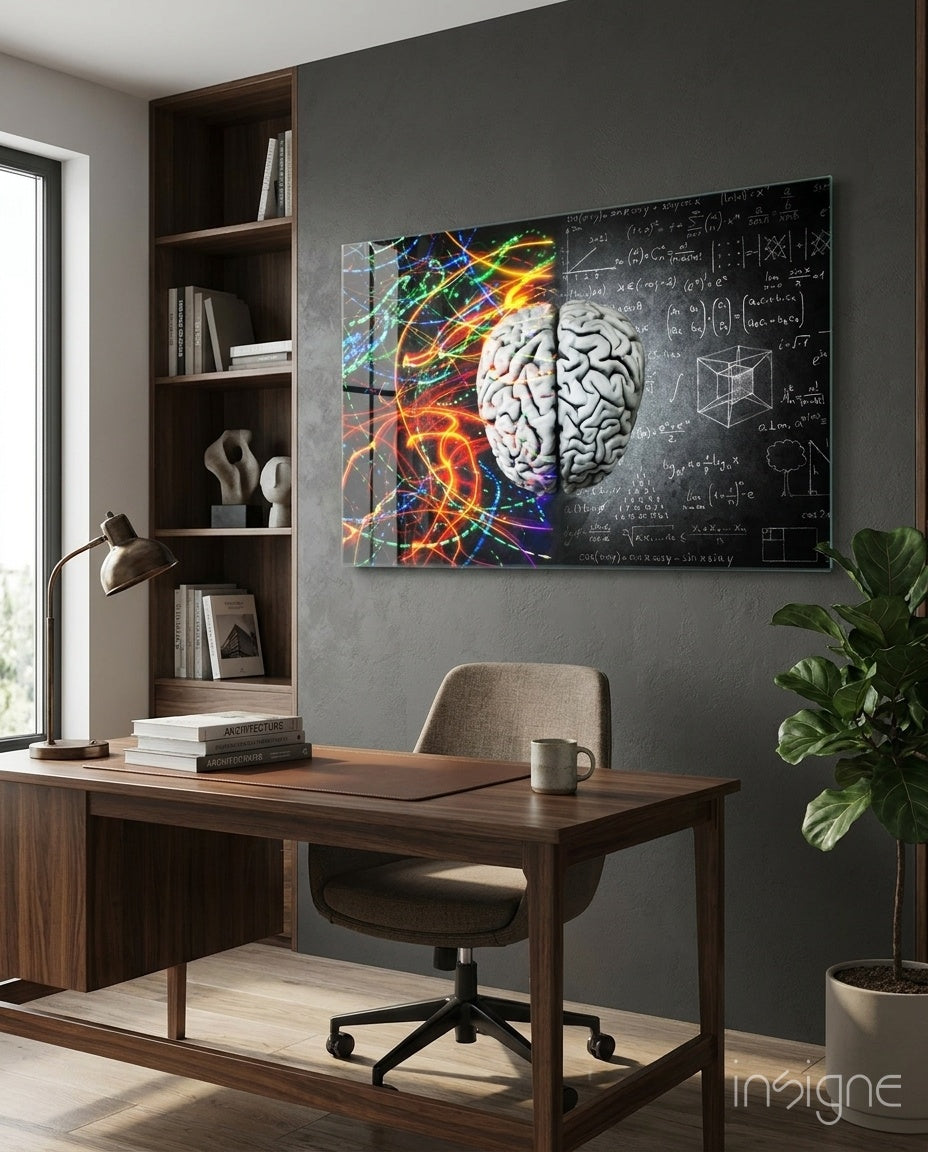Art mural en verre Brain avec traînées de couleur et formule à la craie