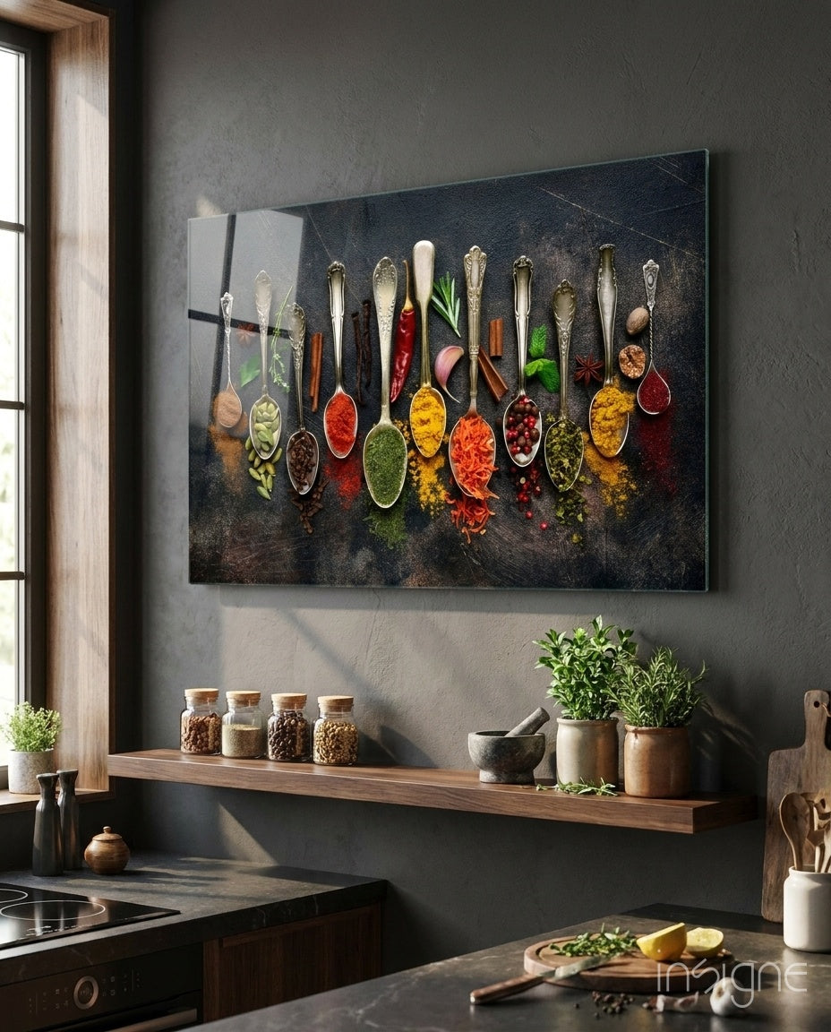 Tableau sur verre Art mural Rangée de cuillères en argent avec épices colorées