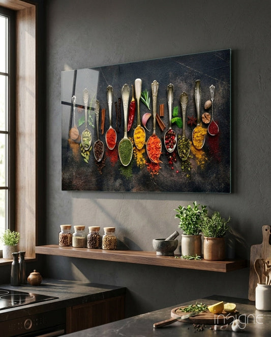 Tableau sur verre Art mural Rangée de cuillères en argent avec épices colorées
