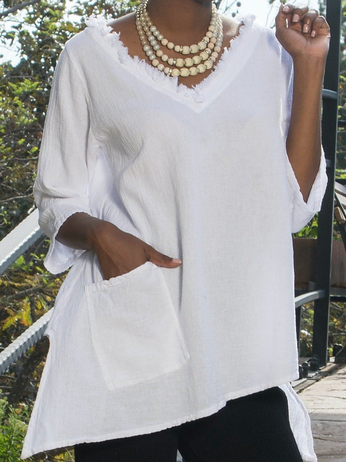 Zoe Cotton Gauze Fringed V-Neck Tunic