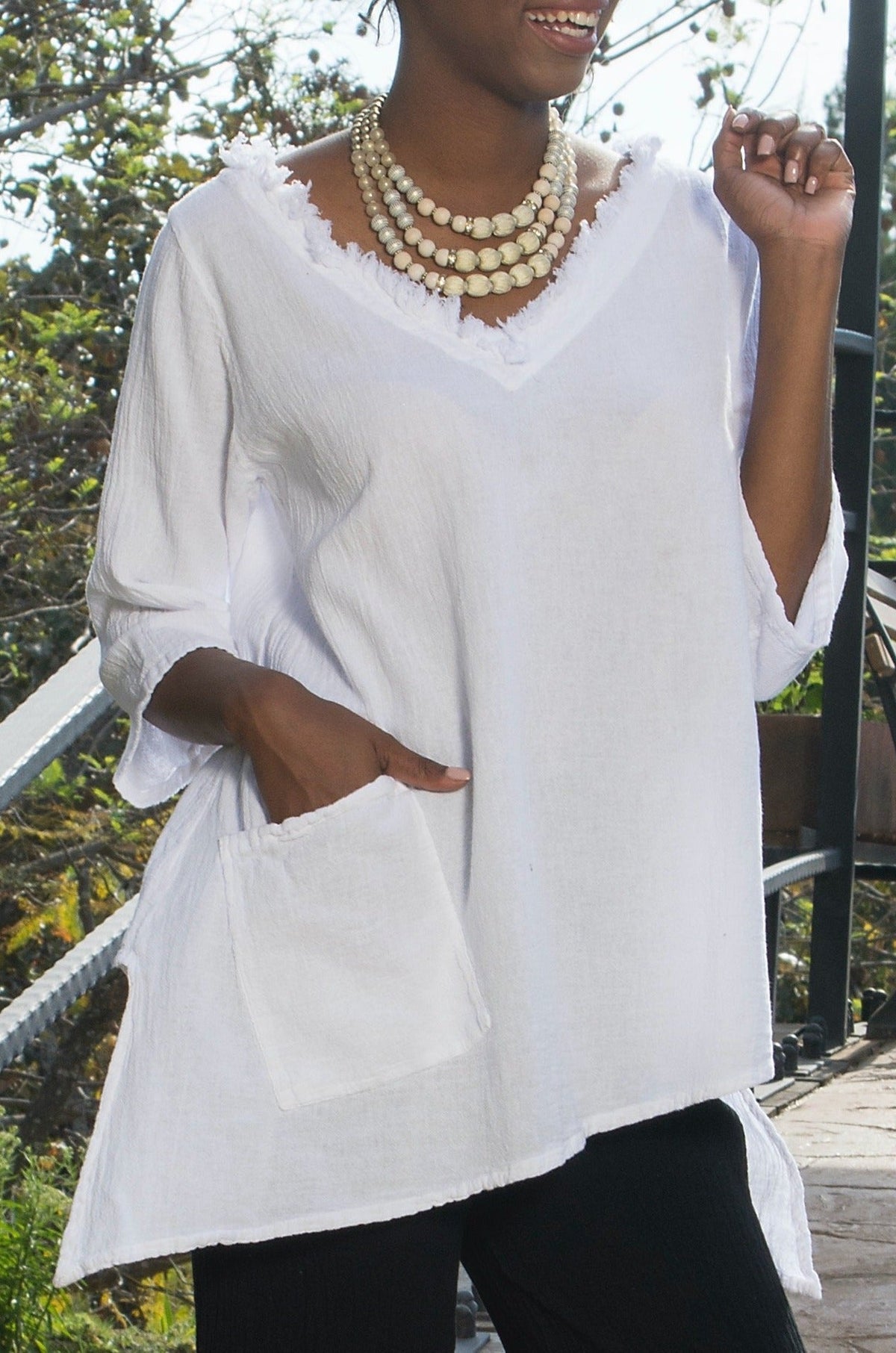 Zoe Cotton Gauze Fringed V-Neck Tunic
