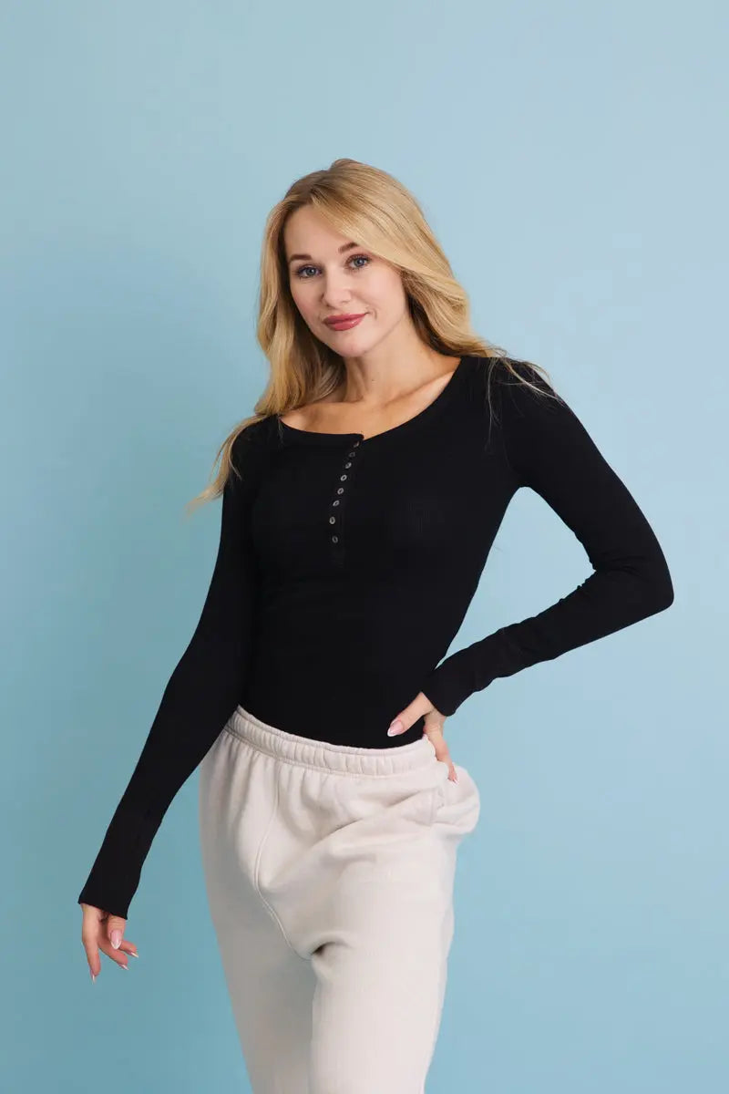 Cotton-Blend Ribbed Long-Sleeve Henley Top