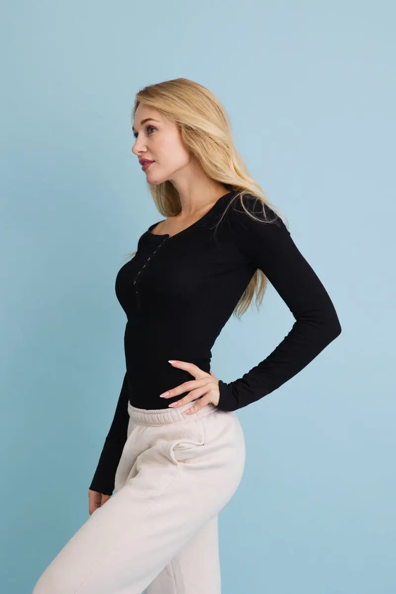 Cotton-Blend Ribbed Long-Sleeve Henley Top