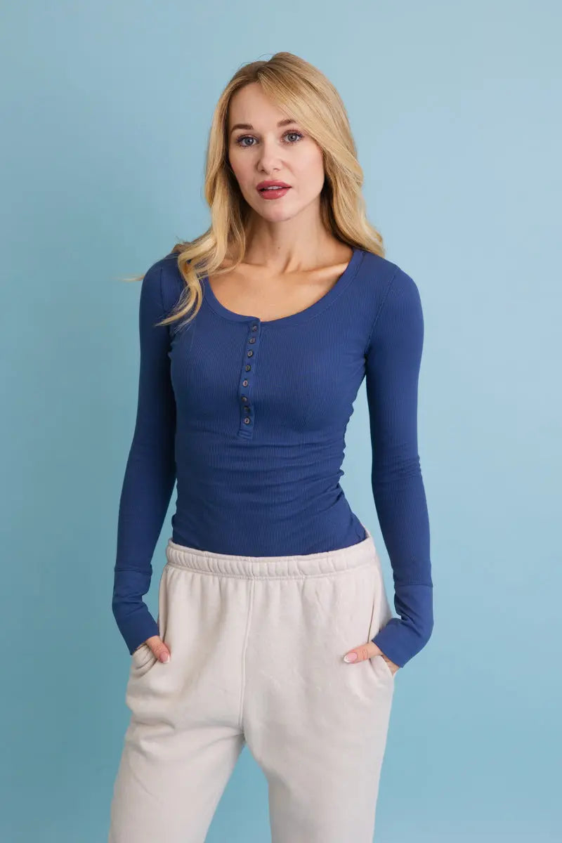 Cotton-Blend Ribbed Long-Sleeve Henley Top