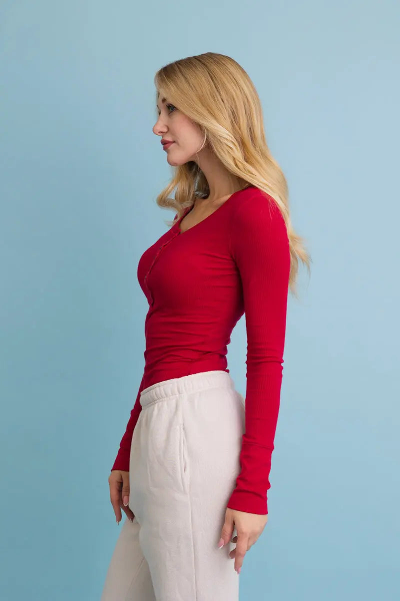 Cotton-Blend Ribbed Long-Sleeve Henley Top