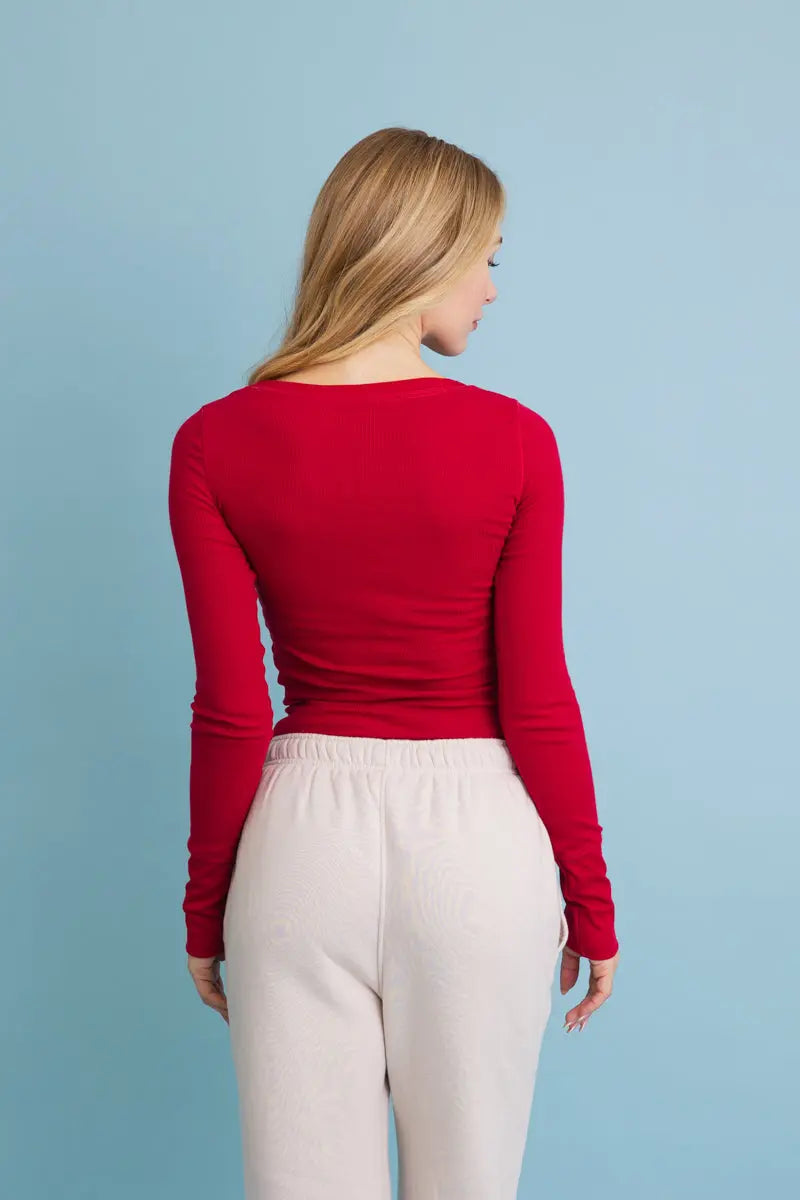 Cotton-Blend Ribbed Long-Sleeve Henley Top
