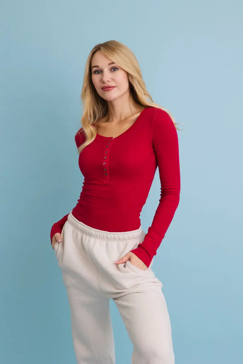 Cotton-Blend Ribbed Long-Sleeve Henley Top