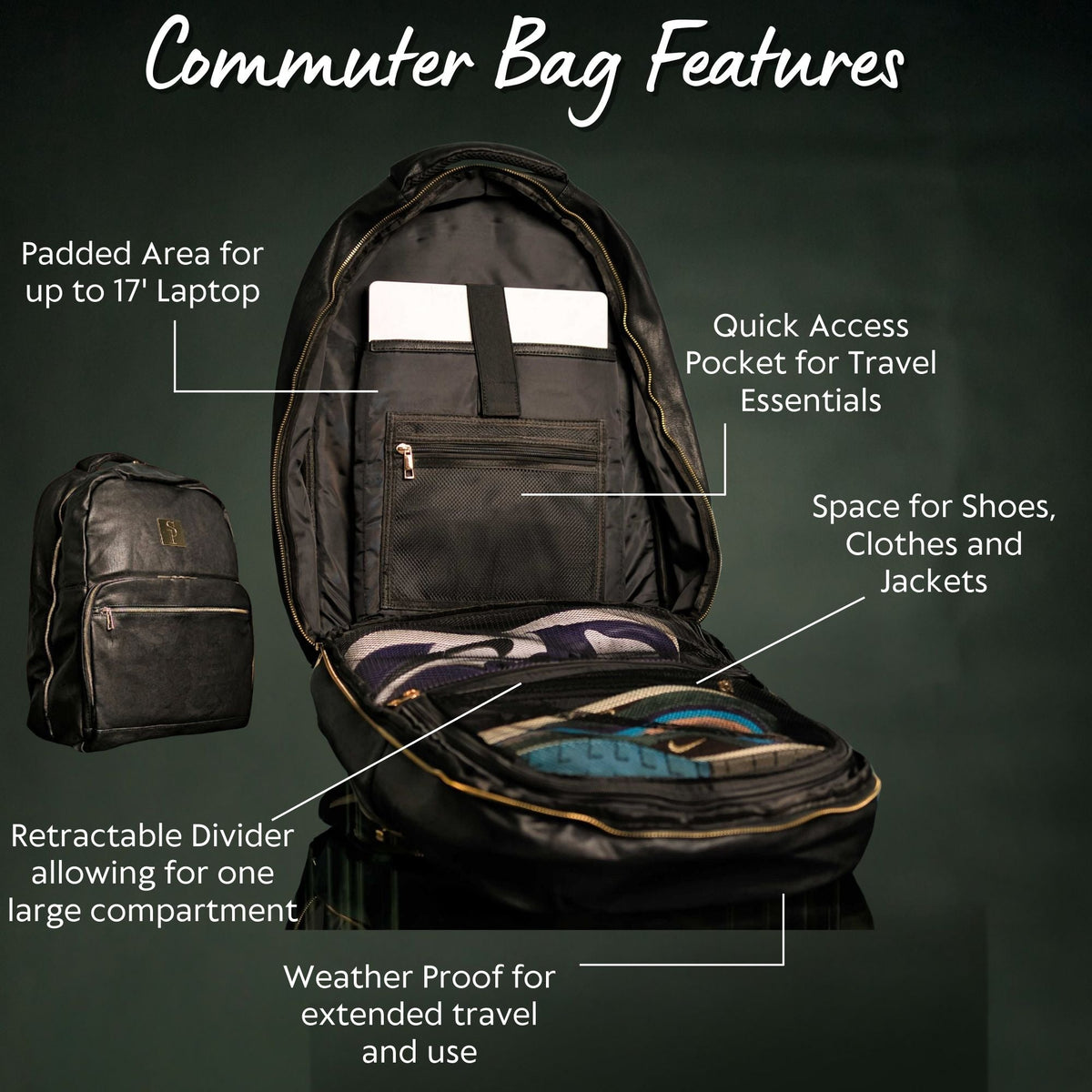 Black Leather XL Commuter Backpack with Shoe Storage