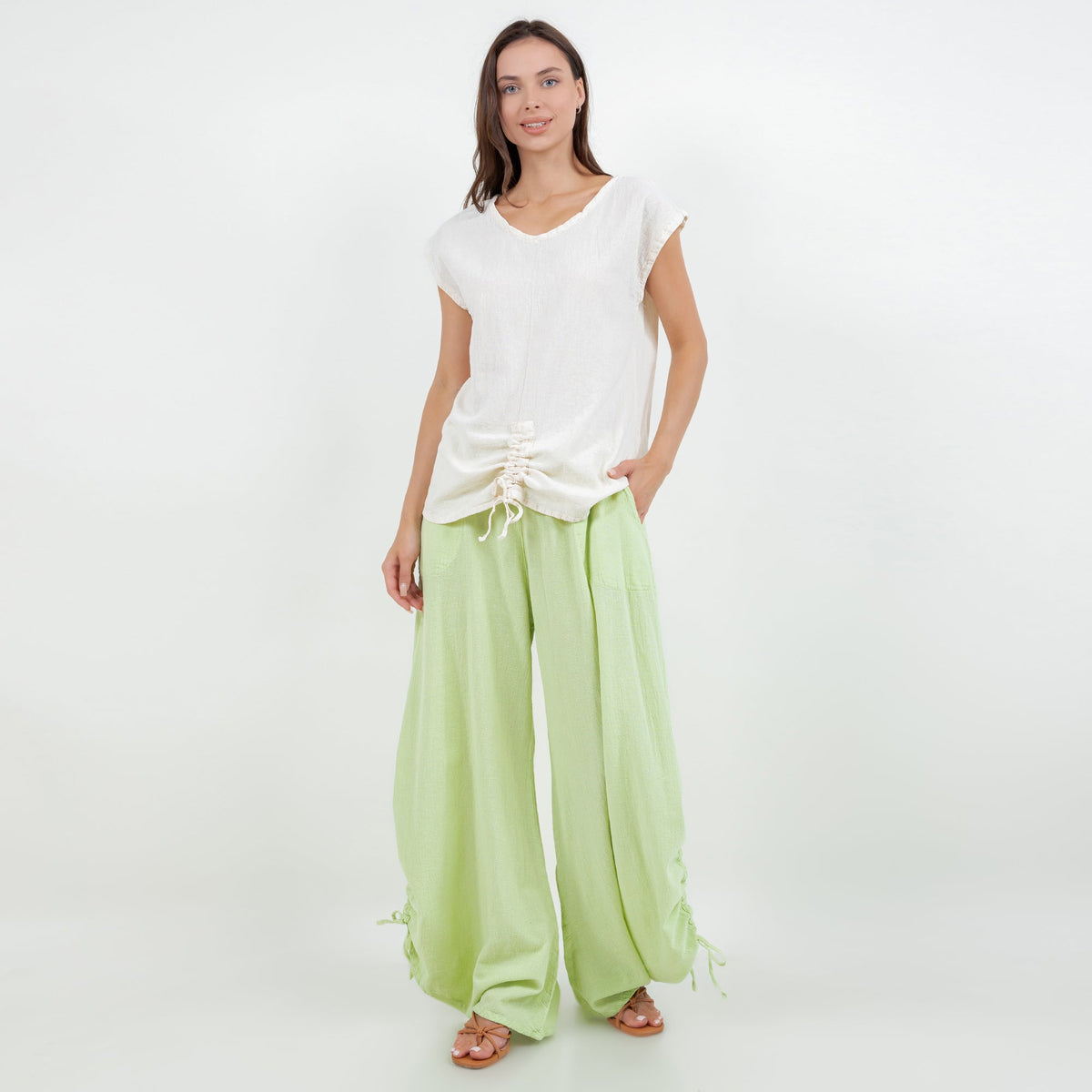 Oana Cotton Gauze Pants with Adjustable Ruched Hems