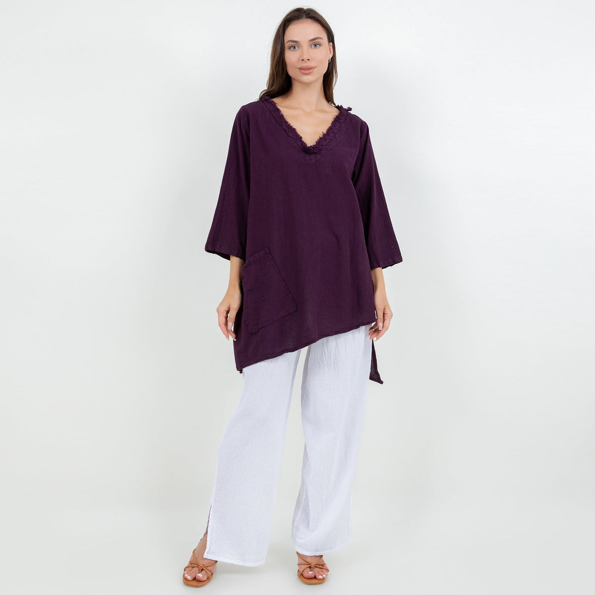 Zoe Cotton Gauze Fringed V-Neck Tunic