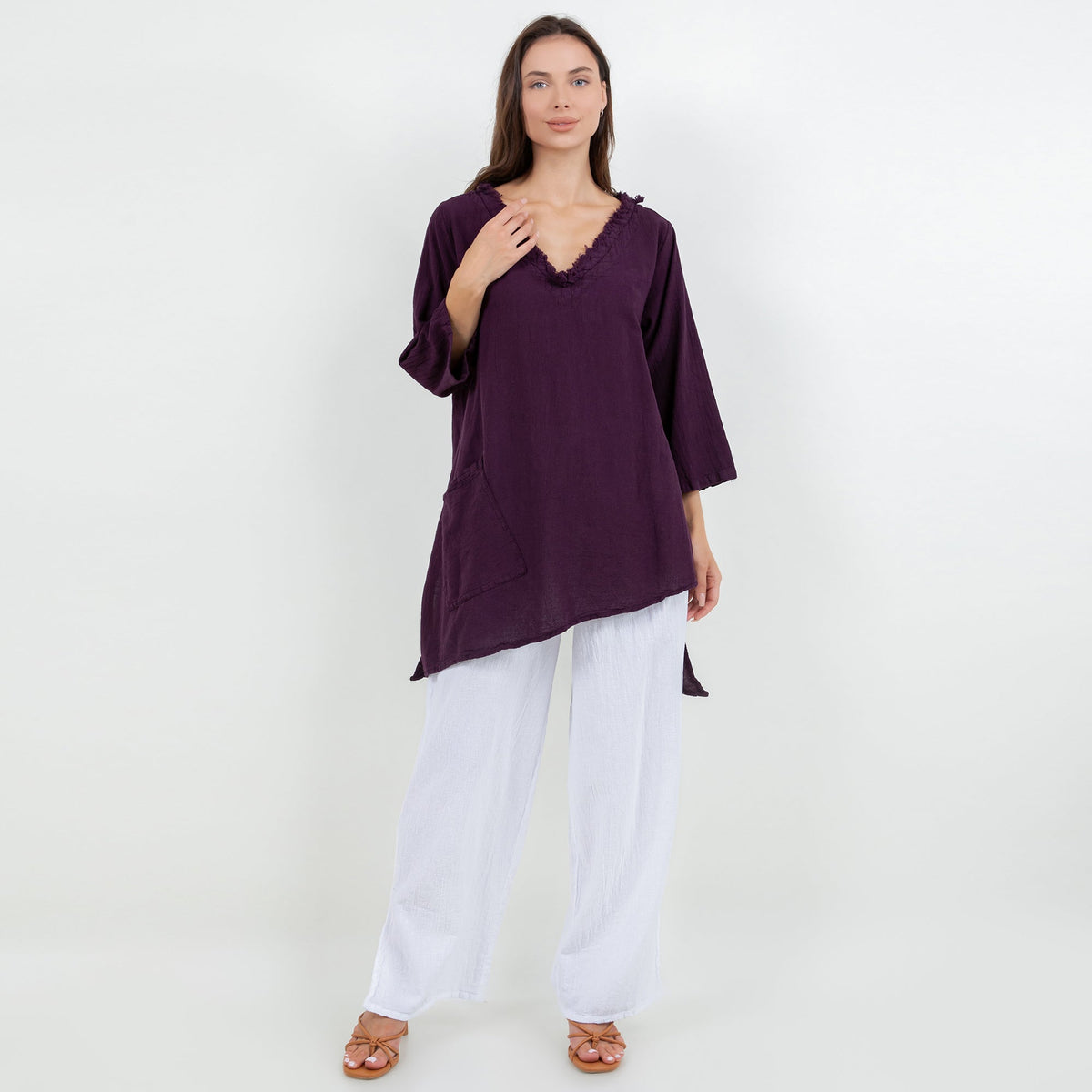 Zoe Cotton Gauze Fringed V-Neck Tunic