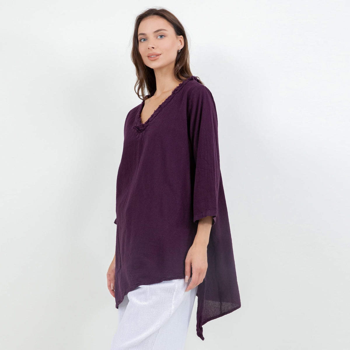 Zoe Cotton Gauze Fringed V-Neck Tunic