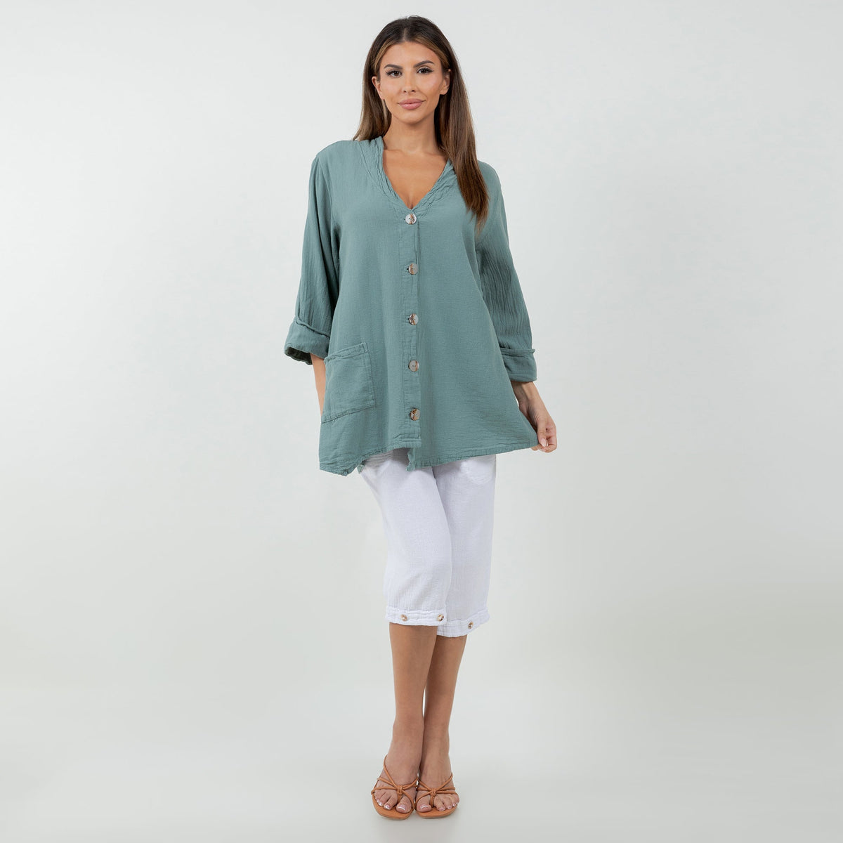 Tammy Cotton Gauze A-Line Button-Down Top