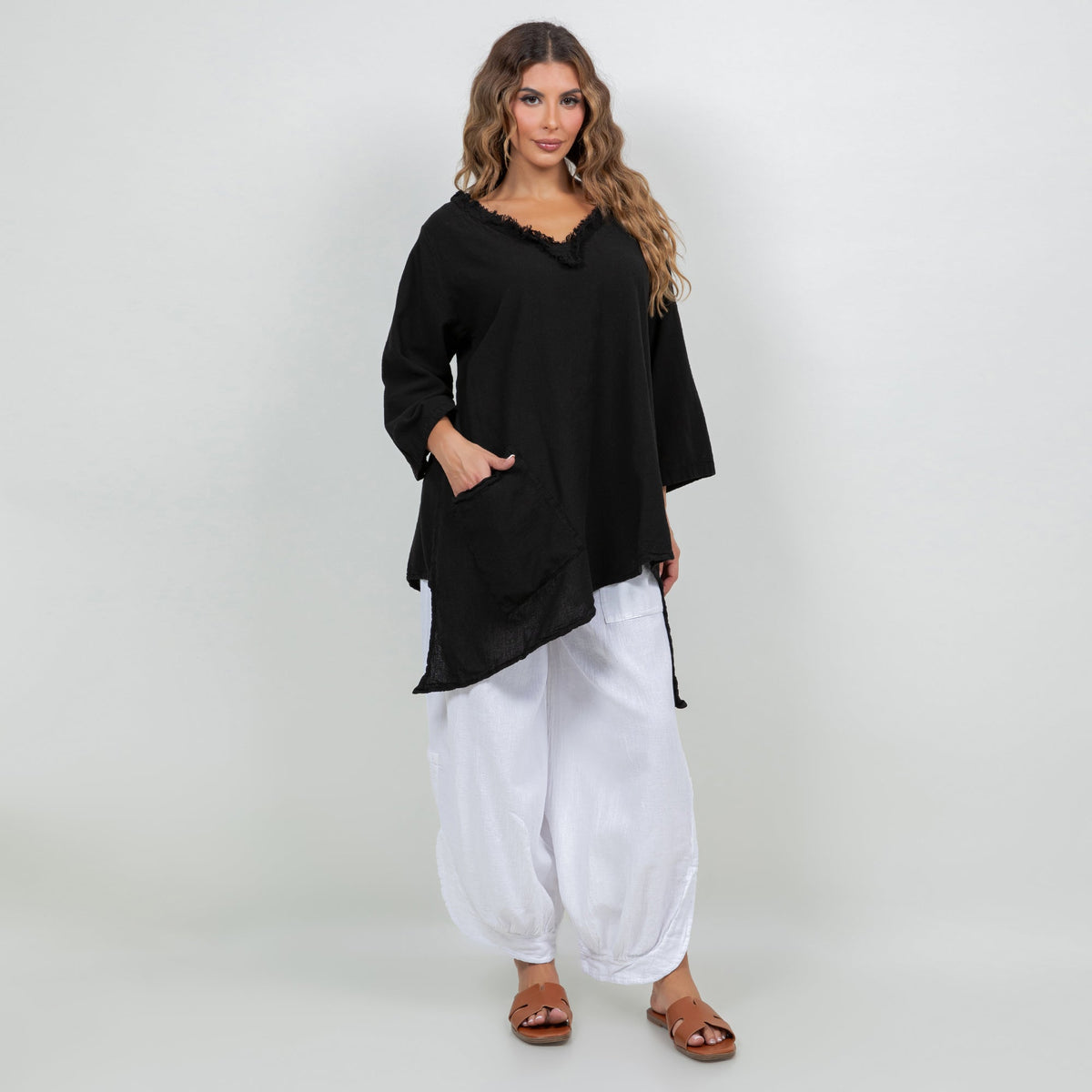 Zoe Cotton Gauze Fringed V-Neck Tunic