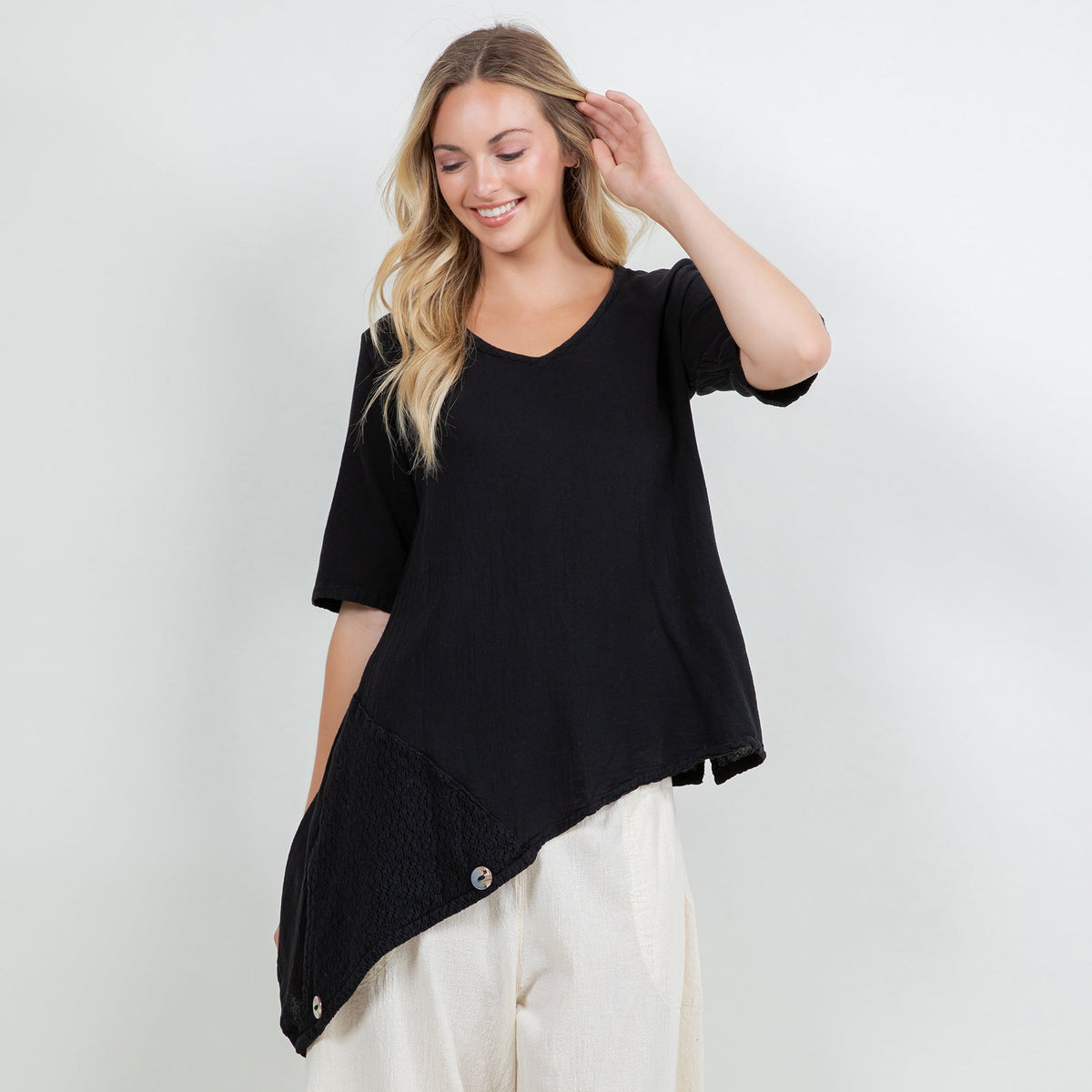 Dagny Cotton Gauze Asymmetric V-Neck Tunic