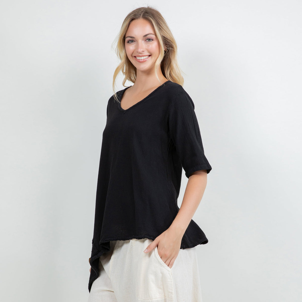 Dagny Cotton Gauze Asymmetric V-Neck Tunic