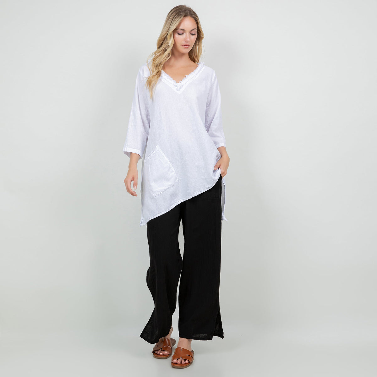 Zoe Cotton Gauze Fringed V-Neck Tunic