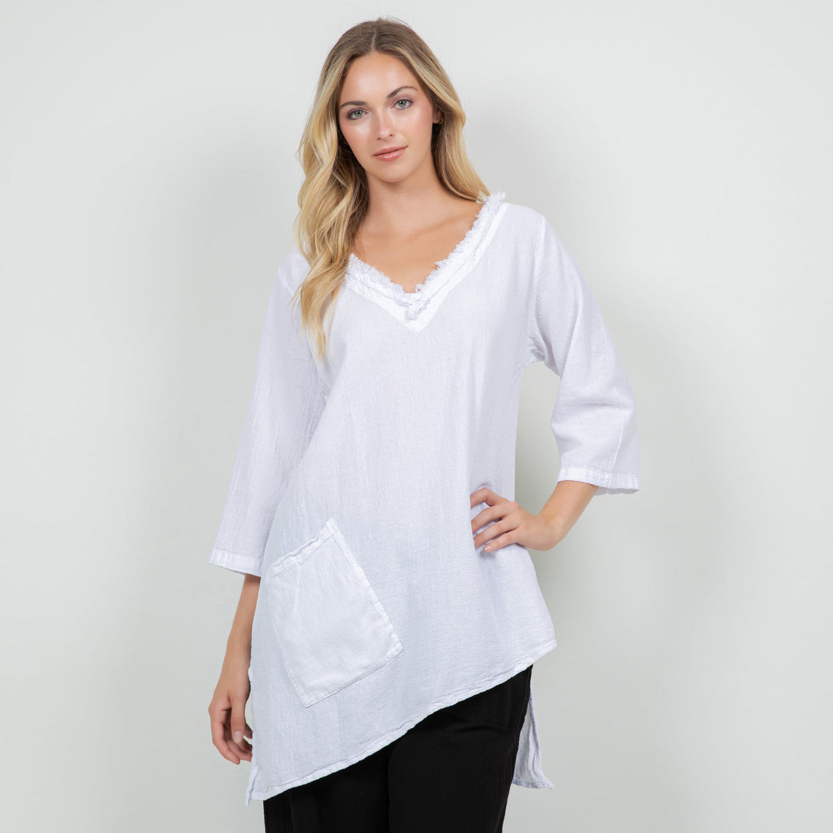 Zoe Cotton Gauze Fringed V-Neck Tunic