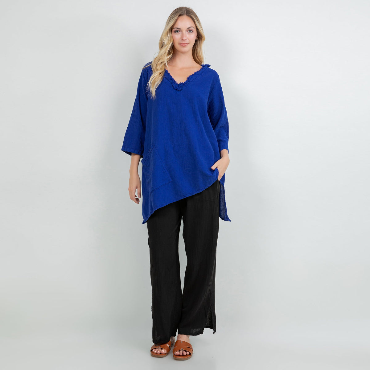 Zoe Cotton Gauze Fringed V-Neck Tunic