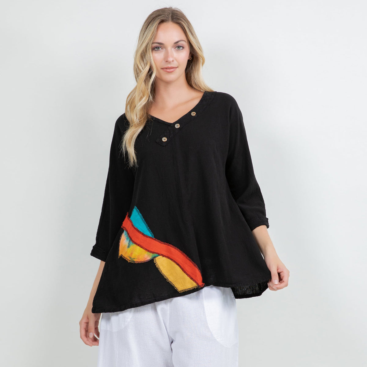 Lucia Cotton Gauze Appliqué V-Neck Blouse