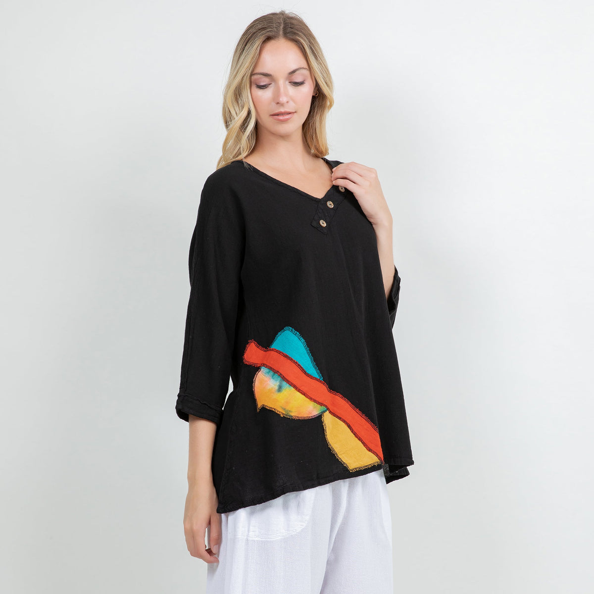 Lucia Cotton Gauze Appliqué V-Neck Blouse