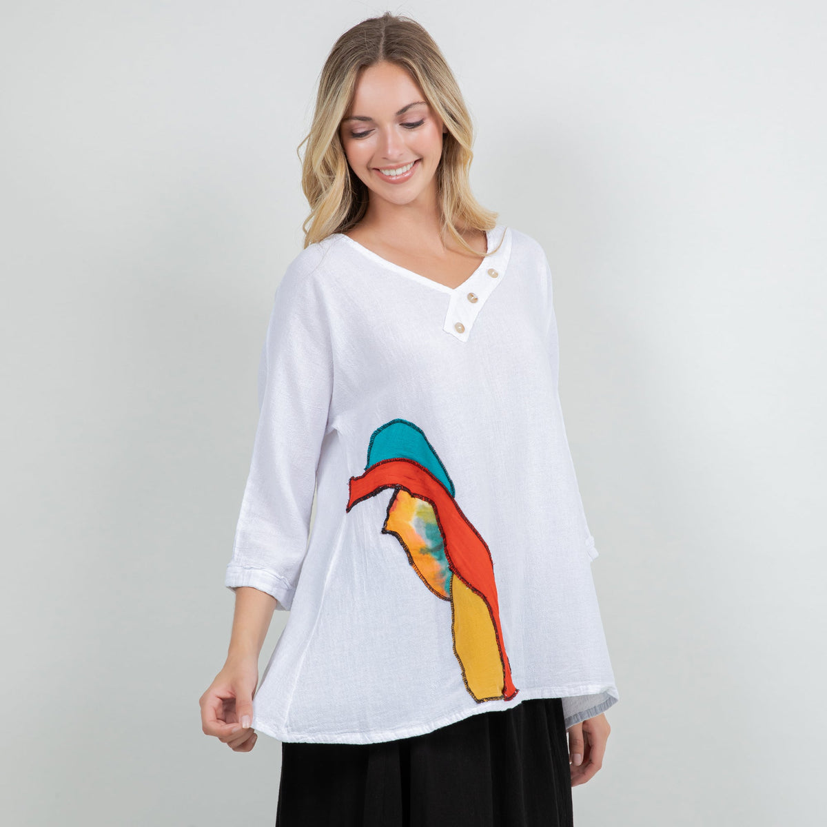 Lucia Cotton Gauze Appliqué V-Neck Blouse