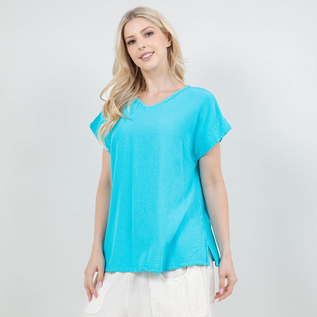 Carla Cotton Gauze Cap-Sleeve V-Neck Top