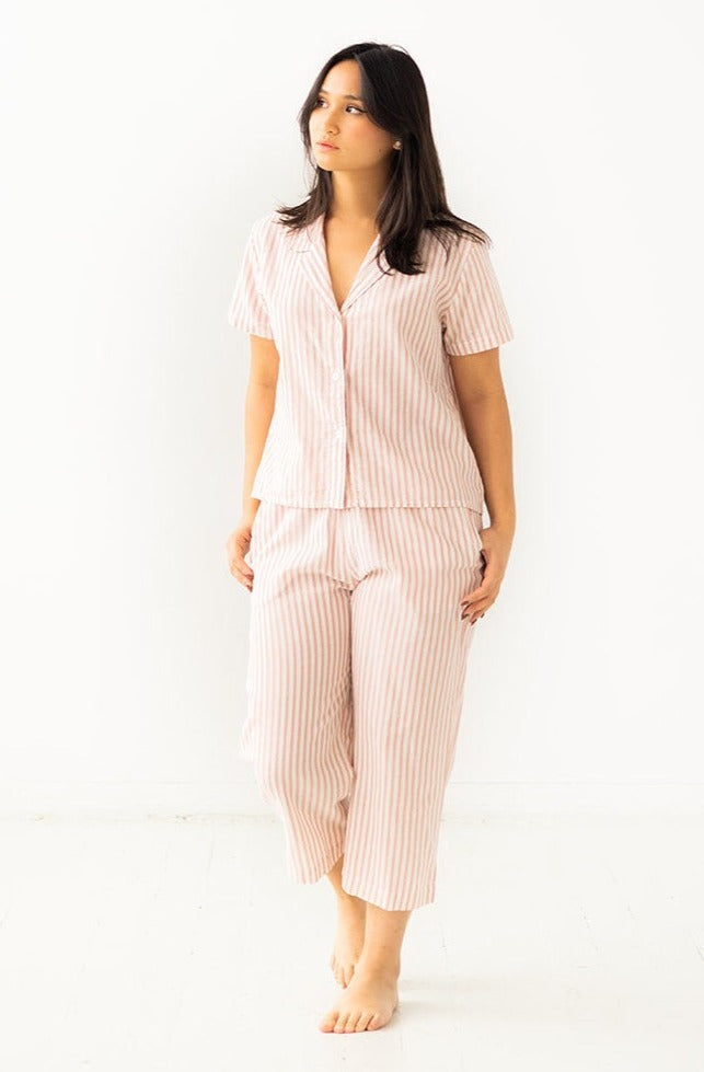 Cropped Button Down-High Waisted  Striped Capri
