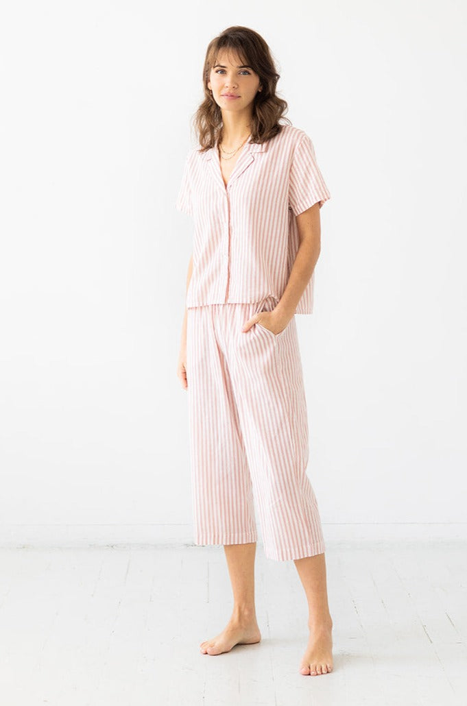 Cropped Button Down-High Waisted  Striped Capri